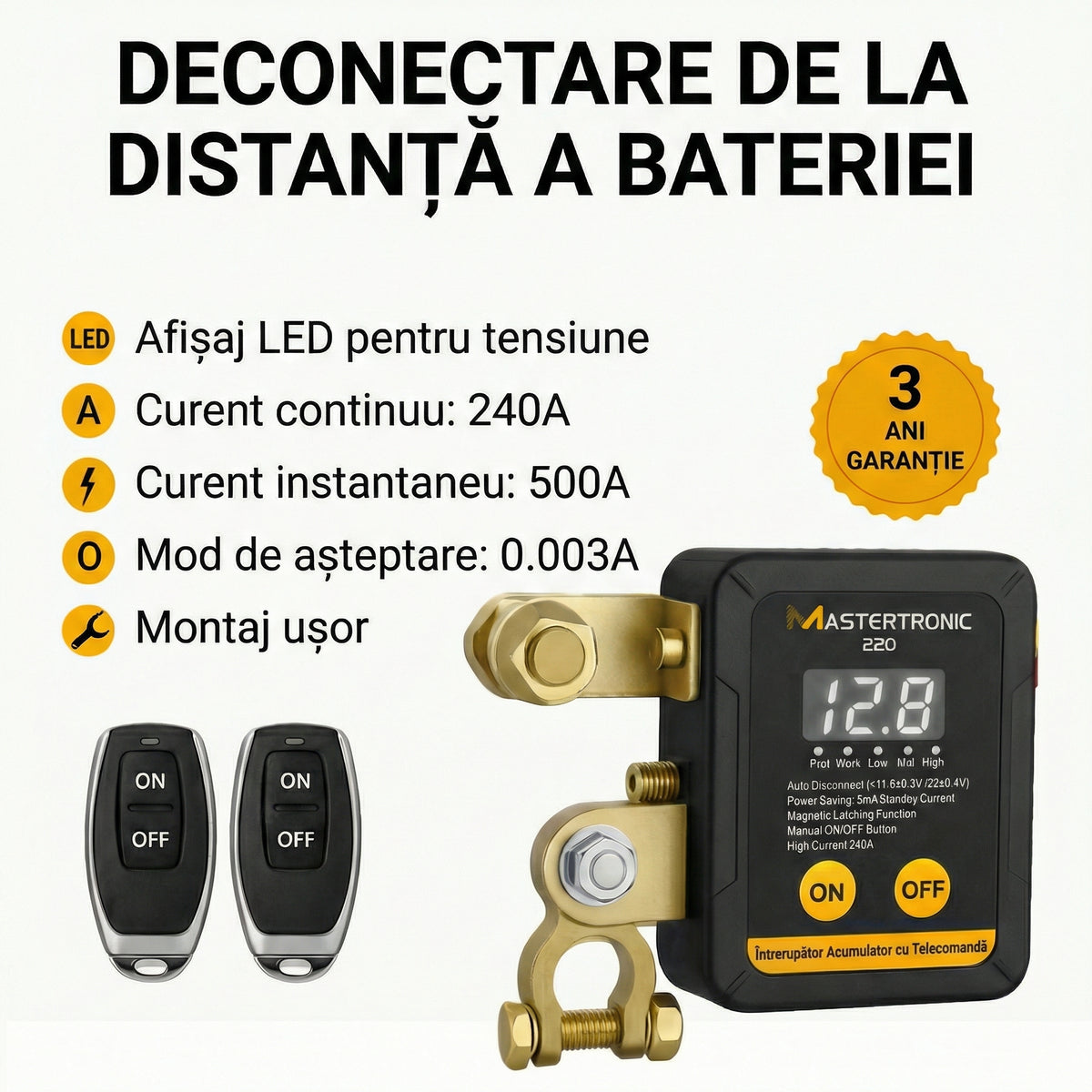 Mastertronic 220 – Deconector inteligent ON/OFF pentru baterie, cu telecomandă, 12/24V