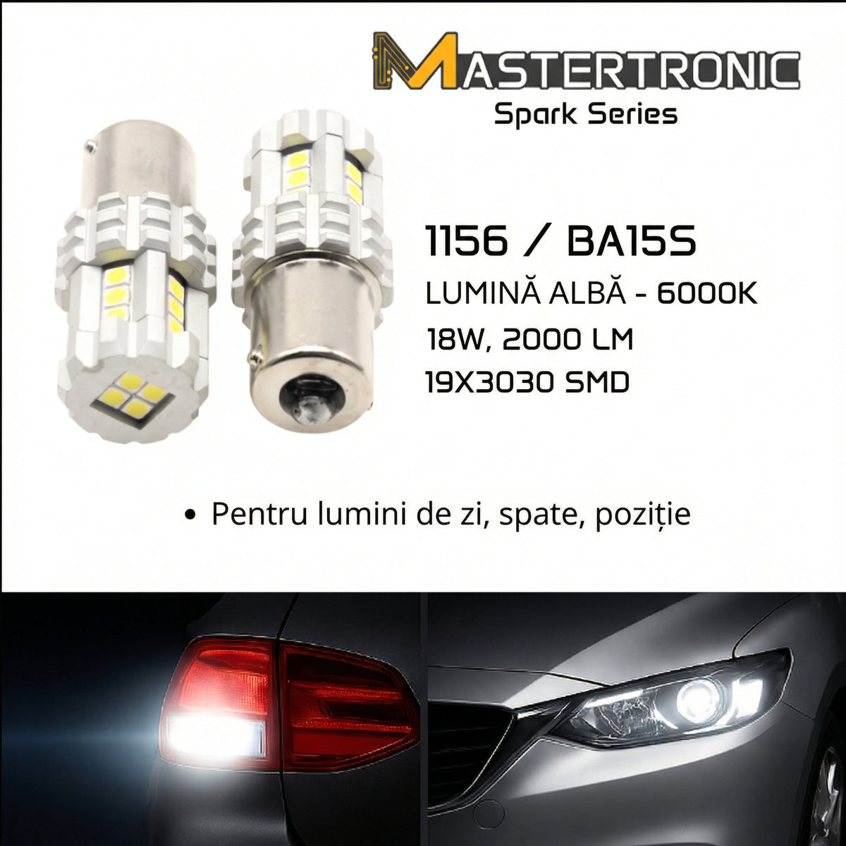 LED Spark Becuri auto 1156 BA15S – Lumină albă 6000K (poziție, lumini de zi, stop) – set 2 buc.